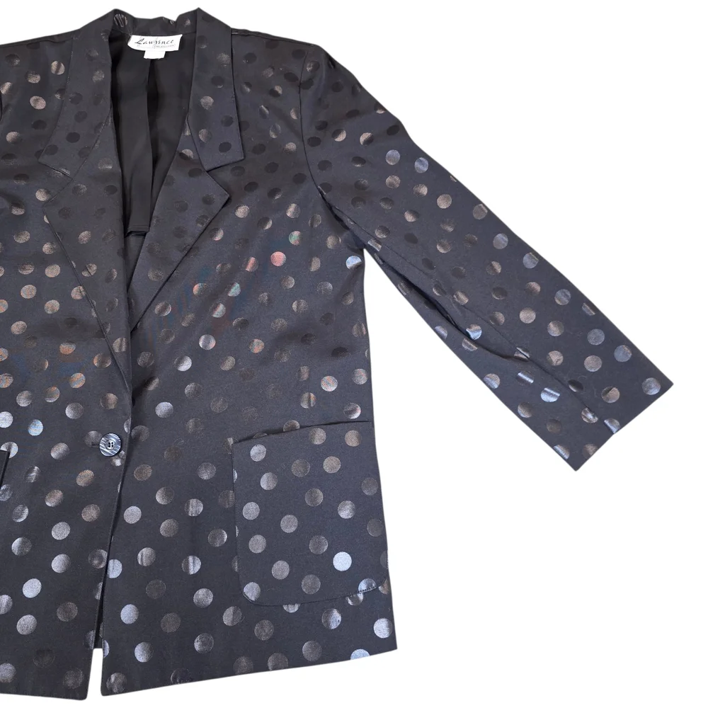 VINTAGE LAWRENCE 90s Polka Dot Blazer | L | Black | Retro Tailored Jacket - Picture 6 of 14